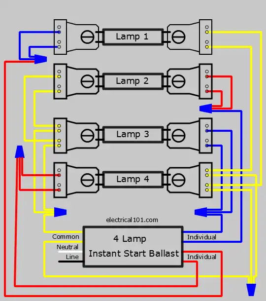4 Lamp Two Rapid Start Ballasts Replaced with One Instant Start Diagram